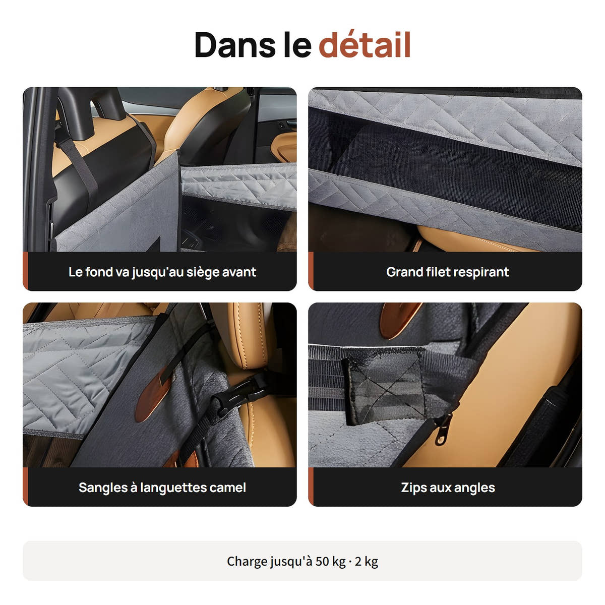 Détails du panier Yzavo, fond jusqu'au siège avant, grand filet respirant, sangles à languettes et zips aux angles