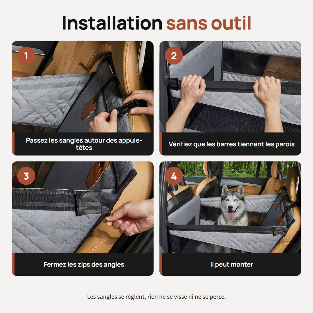 Les quatre étapes d'installation du panier Yzavo, sangles, barres, zips, le chien peut monter