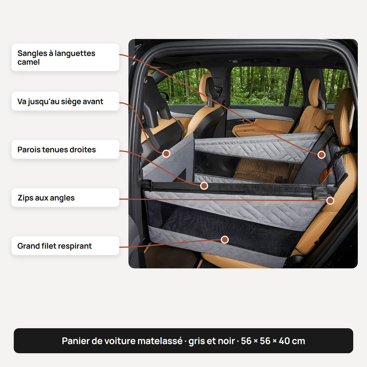 Le panier de voiture Yzavo annoté, sangles à languettes, parois tenues droites, zips aux angles, grand filet