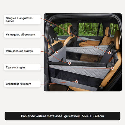 Le panier de voiture Yzavo annoté, sangles à languettes, parois tenues droites, zips aux angles, grand filet