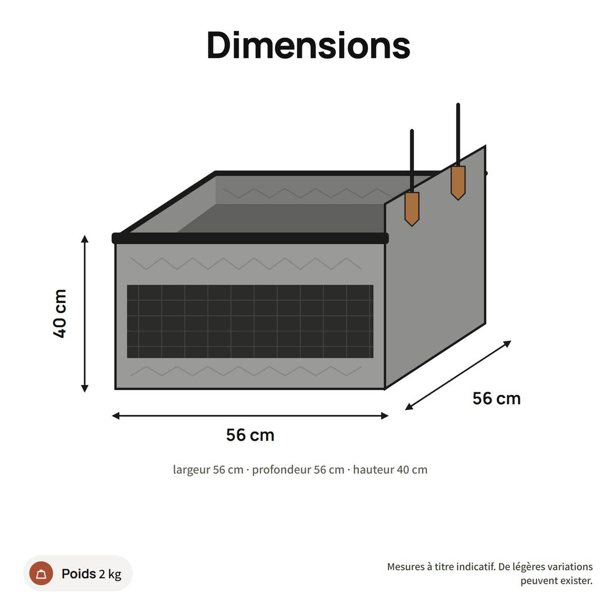 Schéma des dimensions du panier de voiture Yzavo, 56 cm de large, 56 cm de profondeur, 40 cm de haut
