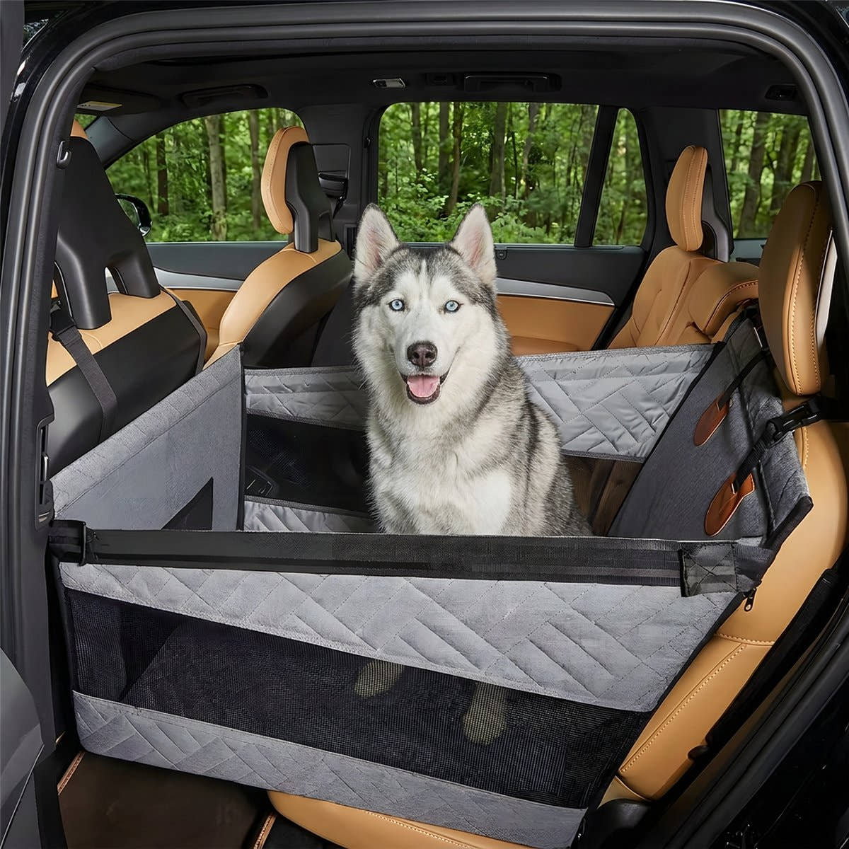 Le même husky assis calmement dans le panier de voiture Yzavo gris, sur la même banquette arrière