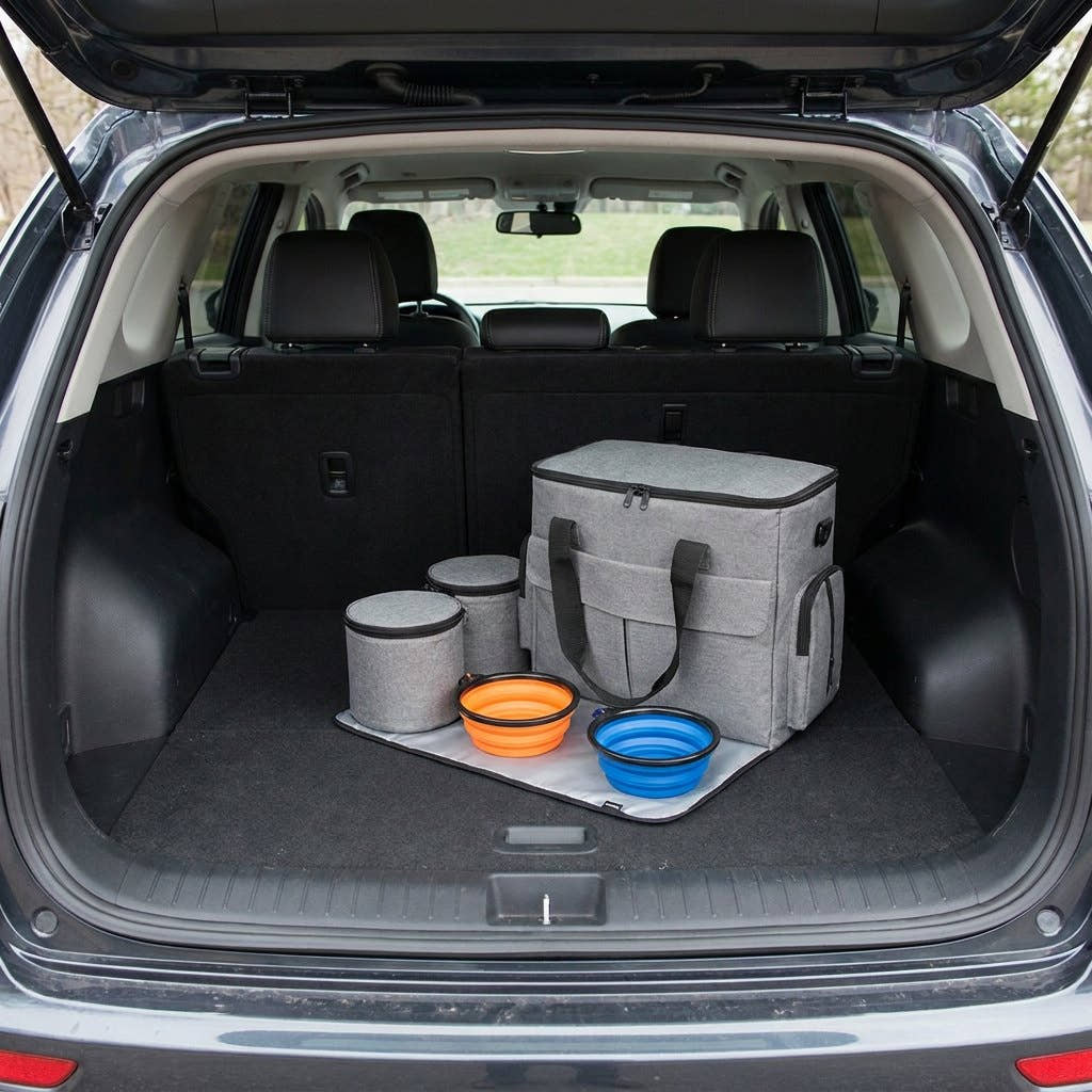 Le même coffre rangé avec le sac de voyage Yzavo, ses boîtes, ses gamelles et son tapis