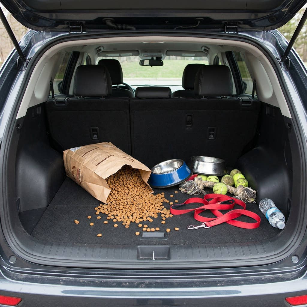 Coffre de SUV en désordre, croquettes renversées, gamelles et laisse éparpillées