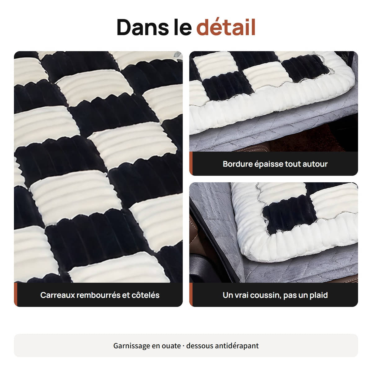 Gros plans des carreaux rembourrés et de la bordure épaisse du tapis Yzavo