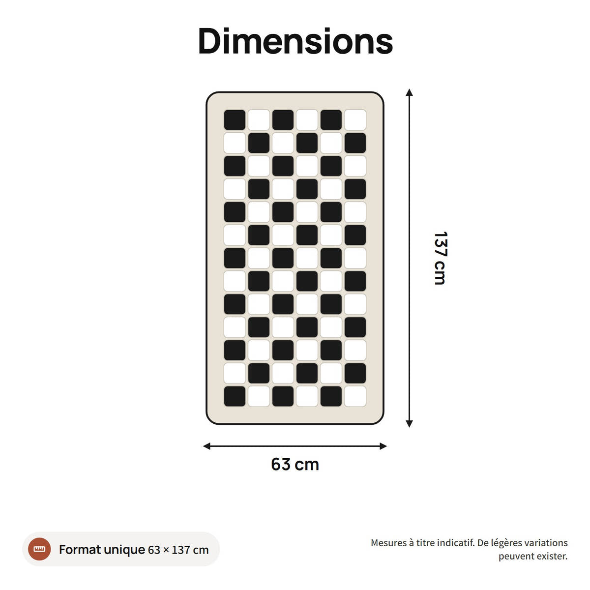 Schéma des dimensions du tapis Yzavo, 63 cm de large et 137 cm de long